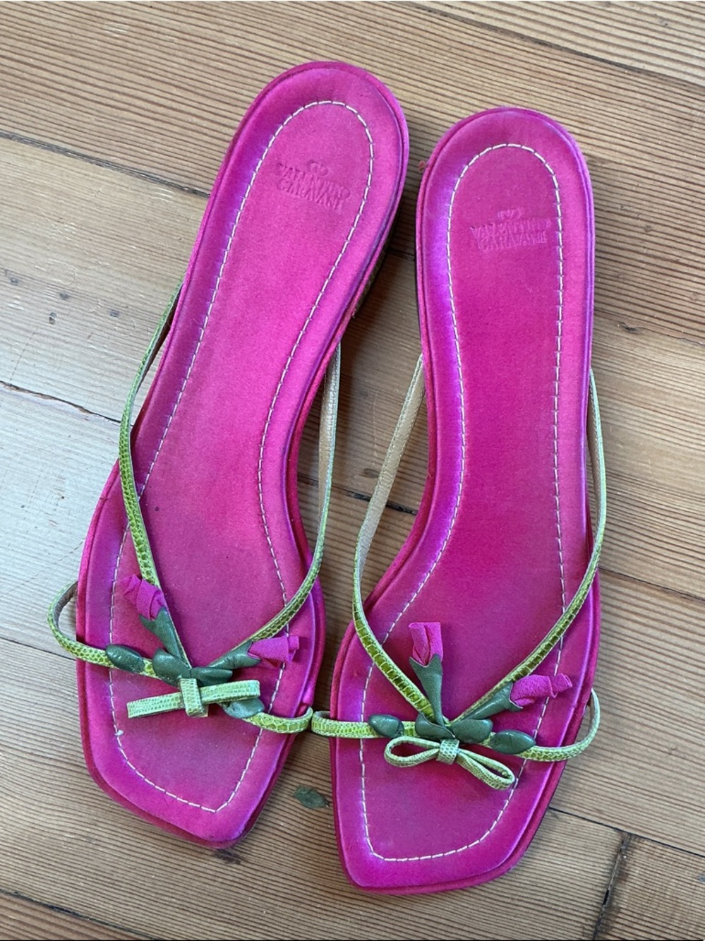 Valentino Garavani Fuchsia Slide Sandals with Green Trim